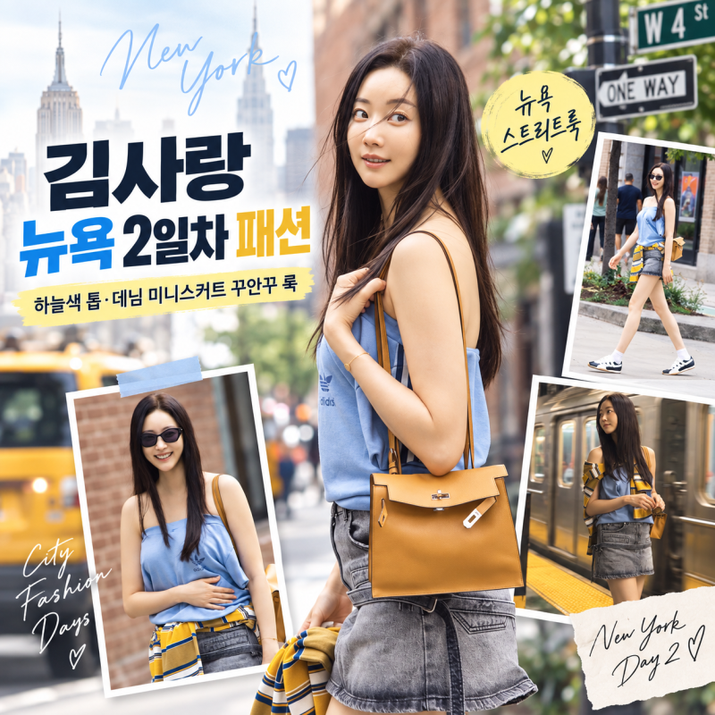 김사랑 뉴욕 2일차 패션｜48세 맞아? 하늘색 슬리브리스·데님 미니스커트로 완성한 동안 비....