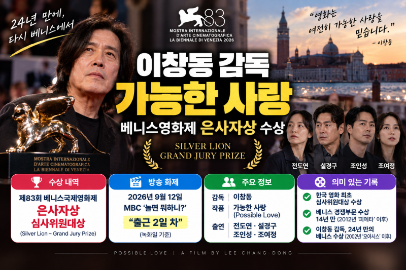 이창동 감독 베니스영화제 은사자상 수상 총정리(+가능한 사랑 배우 줄거리 심사위원대상)