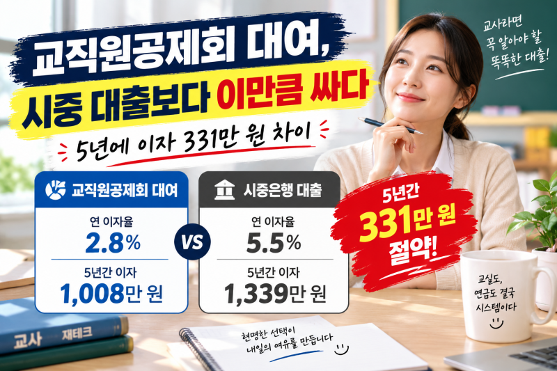 교직원공제회 대여, 시중 대출보다 이만큼 싸다 — 5년에 이자 331만 원 차이