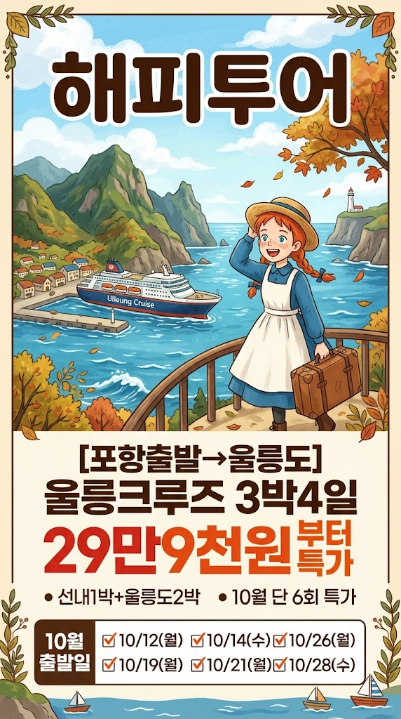 [포항출발→울릉도] 울릉크루즈 3박4일 29만9천원부터｜10월 단 6회 특가·선내1박+울릉도2박