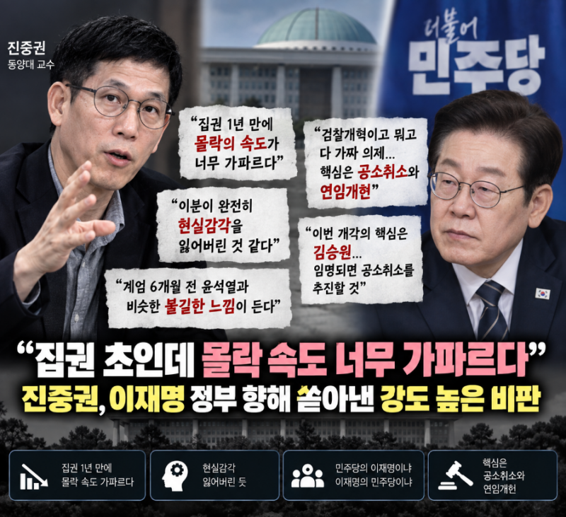 “집권 초인데 몰락 속도 너무 가파르다”…진중권, 이재명 정부 향해 쏟아낸 강도 높은 비....
