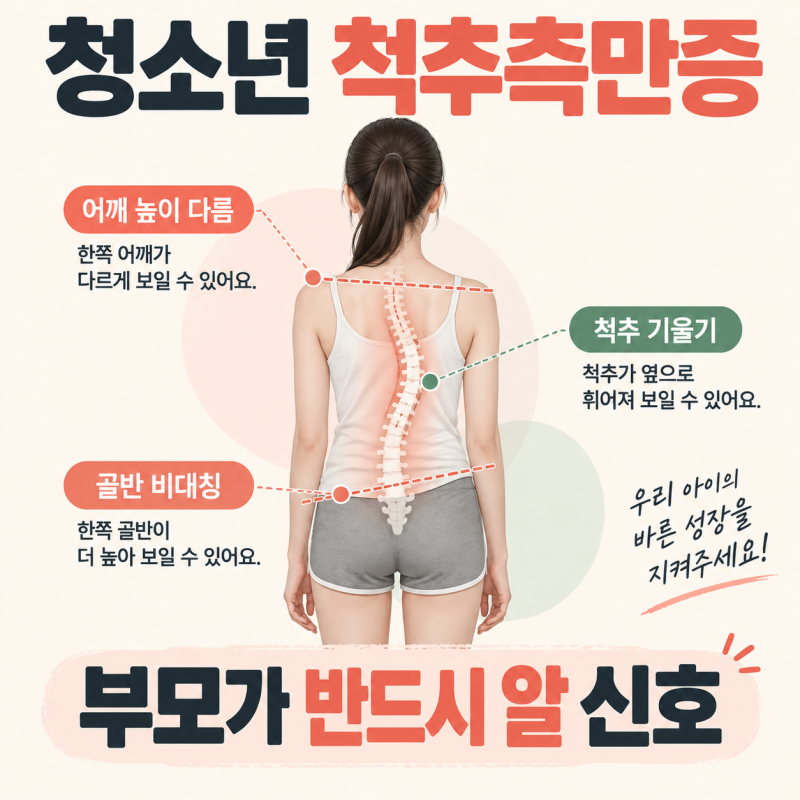 청소년 척추측만증 판단 기준 5단계, 콥스 앵글 10도·아담스 전굴 테스트 (여학생 초경 전후)