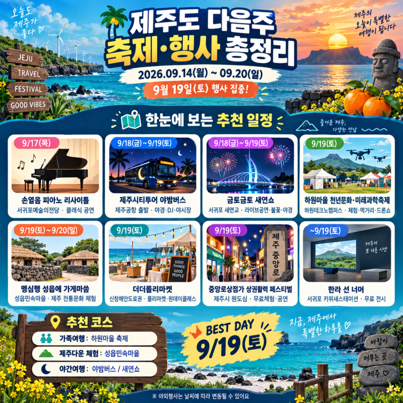 “9월 제주여행 지금이 딱!” 2026 제주도 이번 주 축제·행사 8곳 총정리｜9월 14~20일 가볼만한....