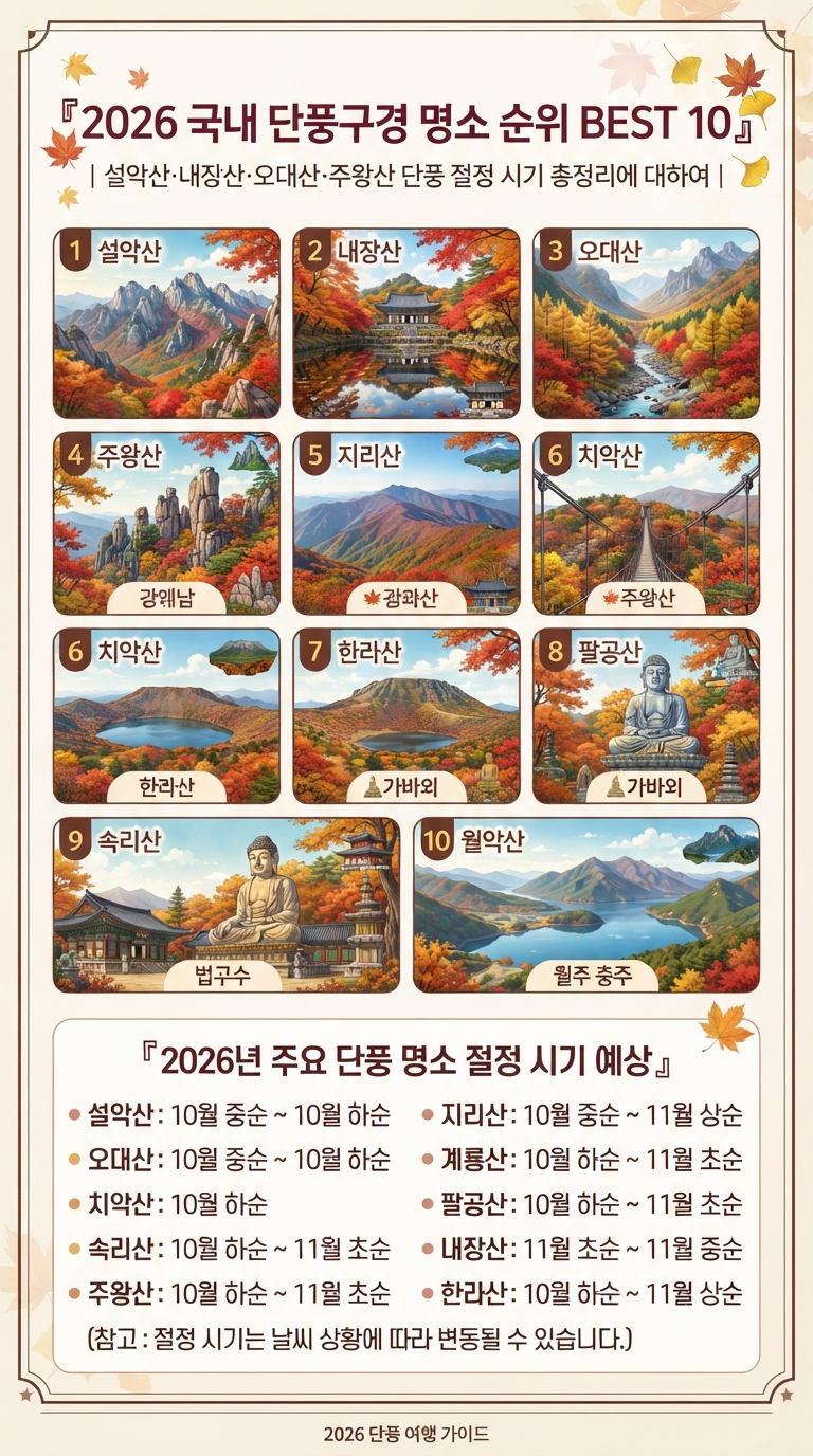 2026 국내 단풍구경 명소 순위 BEST 10｜설악산·내장산·오대산·주왕산 단풍 절정 시기 총정리