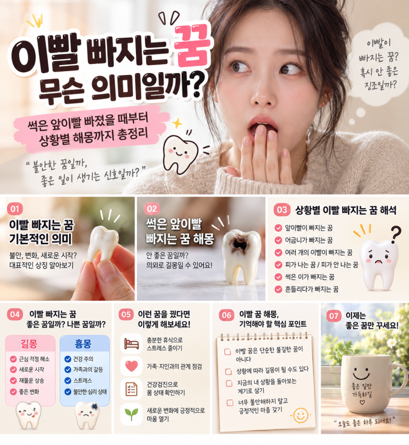 이빨 빠지는 꿈 해몽 총정리, 앞이빨 썩은이 어금니 여러개 빠지는 꿈 뜻은?