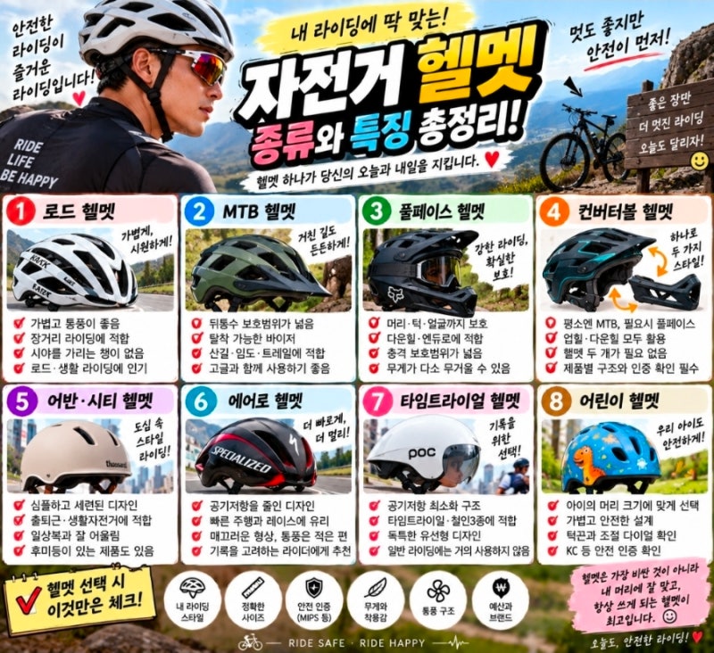 자전거 헬멧 종류와 특징 총정리｜로드·MTB·풀페이스·어반, 뭐가 다를까?