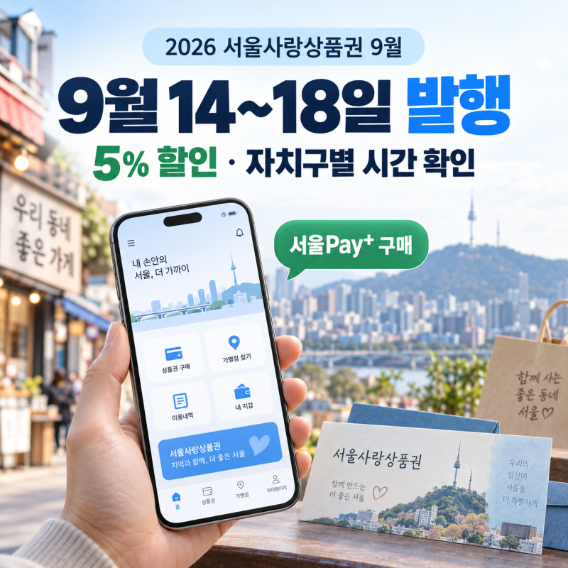 2026 서울사랑상품권 9월 발행일정｜9월 14~18일 5% 할인·자치구별 시간·서울Pay+ 구매방법