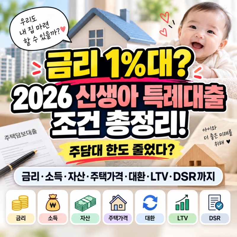“금리 1%대?” 2026 신생아 특례대출 조건 총정리! 주담대 한도 줄었다? 금리·소득·자산·주....
