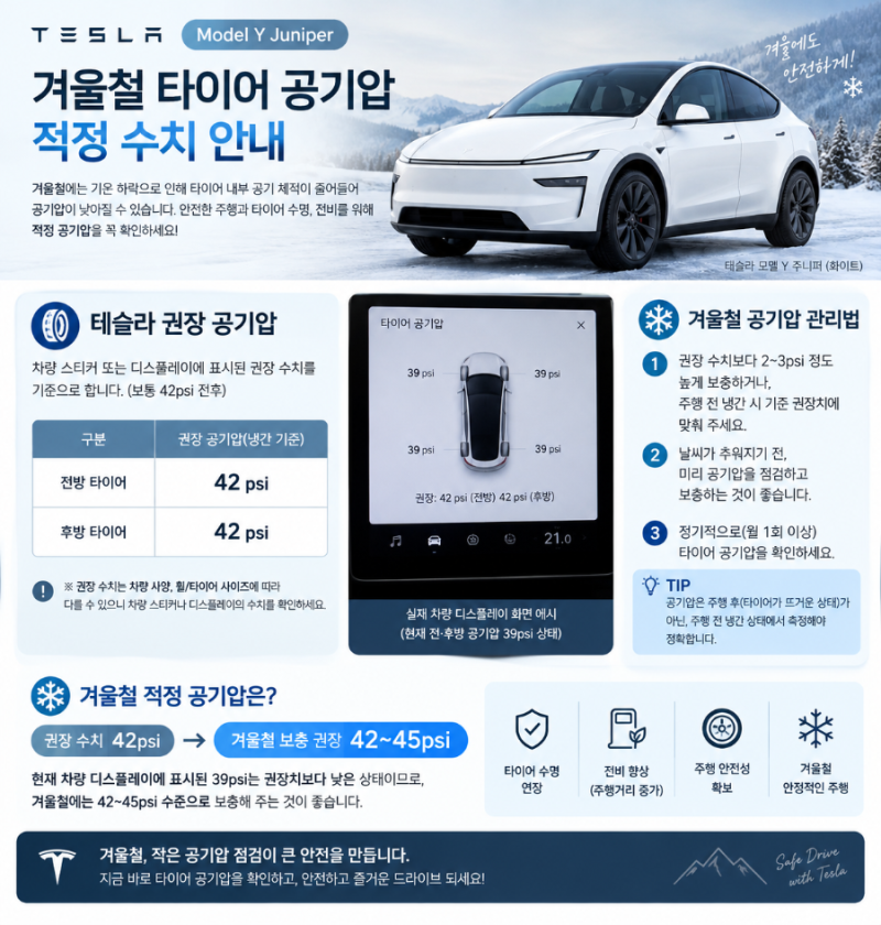 테슬라 주니퍼 겨울철 공기압 관리 완벽 가이드! 적정 PSI와 경고등 대처법 총정리