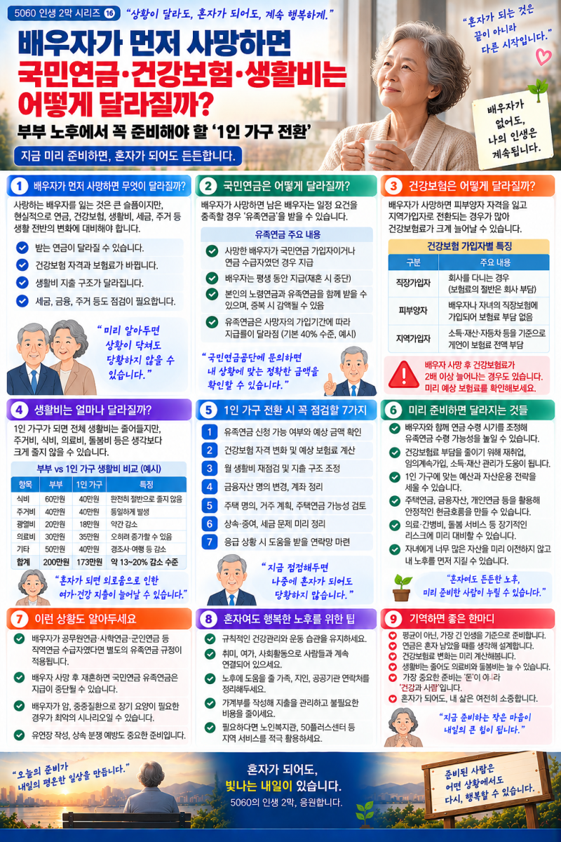 [5060]⑯배우자가 먼저 사망하면 국민연금·건강보험·생활비는 어떻게 달라질까?