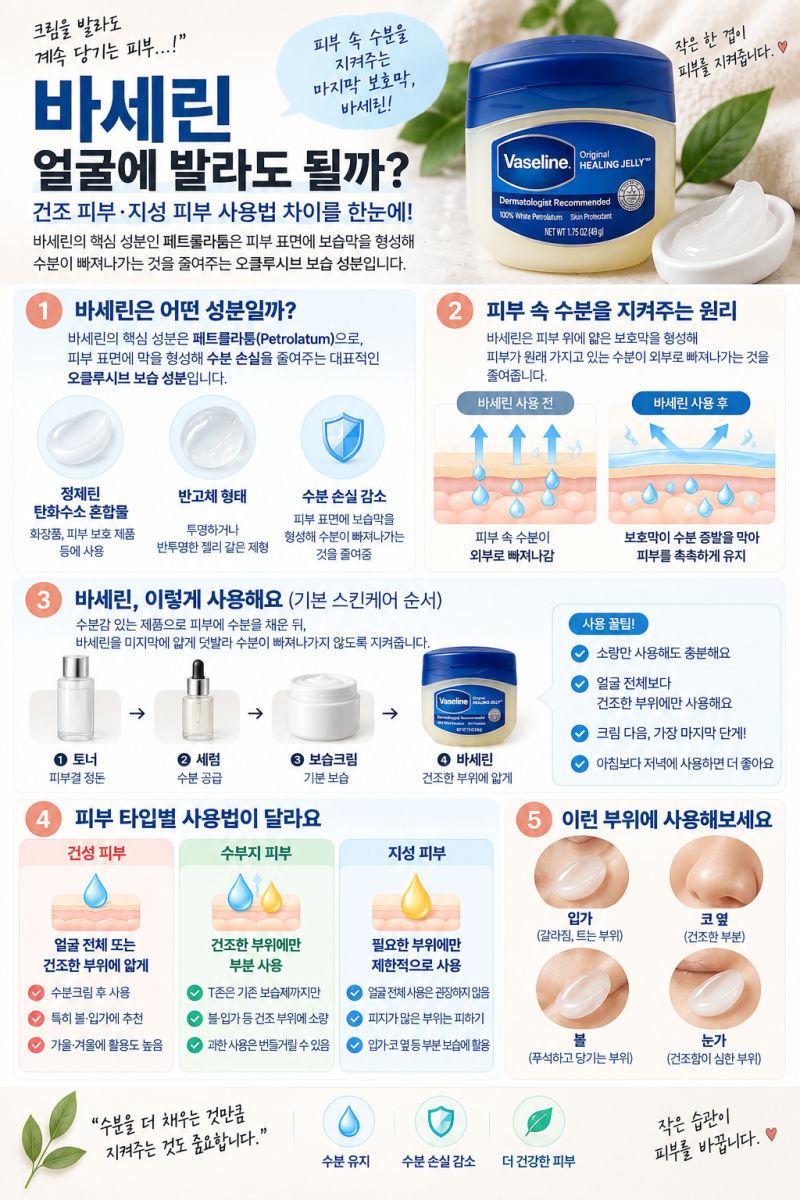 바세린 얼굴에 발라도 될까?｜건조 피부·지성 피부 사용법 차이