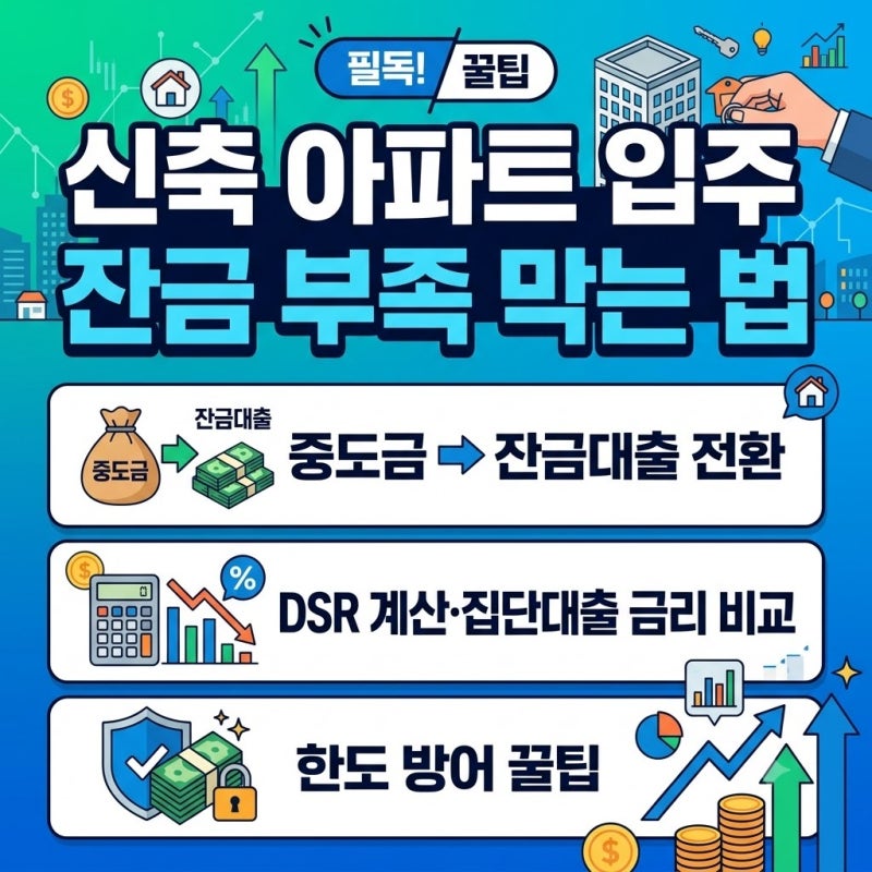 신축 아파트 입주 잔금 부족 막는 법｜중도금 ➔ 잔금대출 전환 DSR 계산·집단대출 금리 비교....