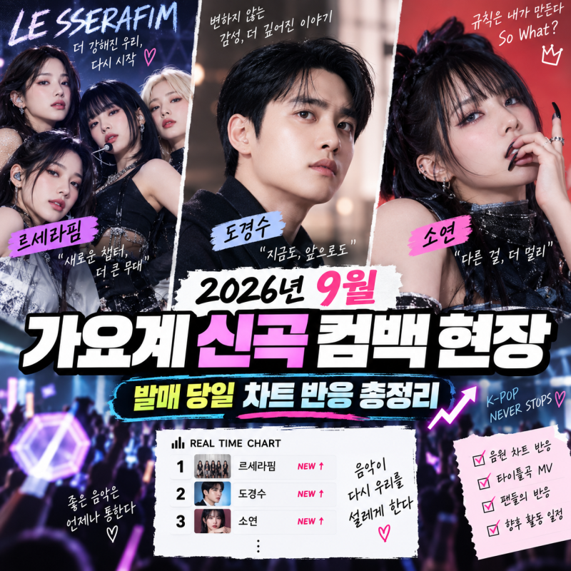 [컴백·신보 발매 소식 (가수·음악가)] 2026년 9월 가요계 신곡 컴백 현장 - 르세라핌, 도경수, ....