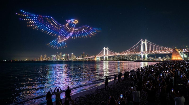 광안리 드론쇼 9월 난리났다…매주 토요일 밤 1,100대가 광안대교 앞에 뜹니다