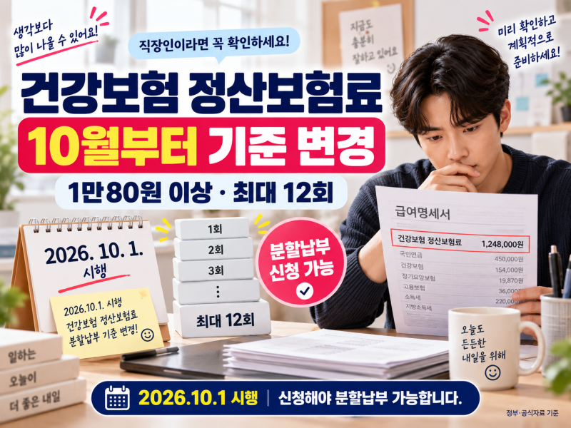 건강보험 정산보험료 분할납부 기준 변경, 10월부터 1만80원 이상 최대 12회