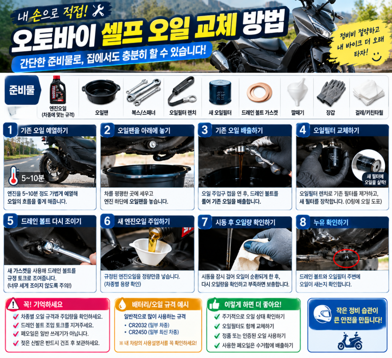 오토바이 셀프 오일 교체 방법｜엔진오일 직접 교환하는 순서와 주의사항