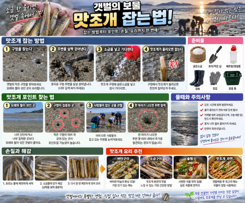 소금 한 줌 뿌렸더니 갯벌에서 ‘쑥’ 올라왔다! 맛조개 잡는 법·포인트·요리까지 총정리