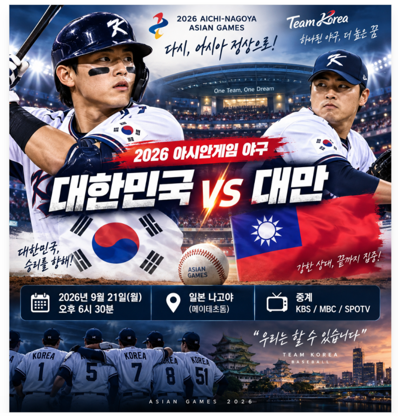 ⚾ 한국 vs 대만 첫 경기, 김도영이 승부 가를까? 2026 아시안게임 야구 전망