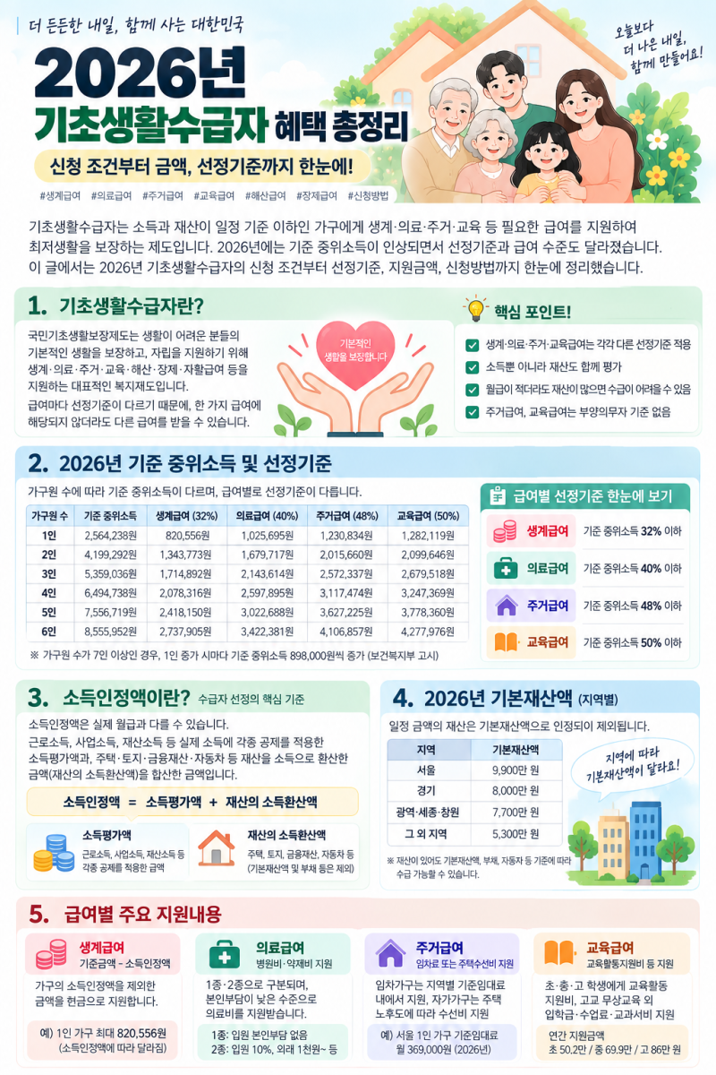 2026년 기초생활수급자 혜택 총정리, 신청 조건부터 생계급여·의료급여·주거급여까지