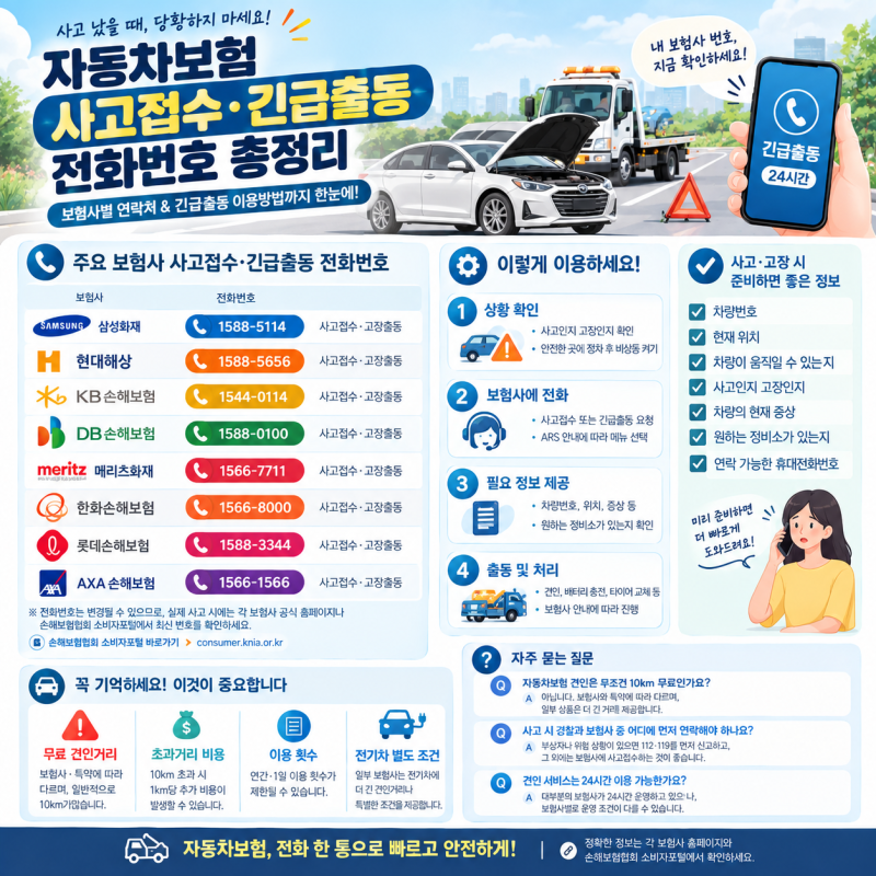 자동차보험 사고접수·긴급출동 전화번호 총정리｜삼성·현대·KB·DB 등