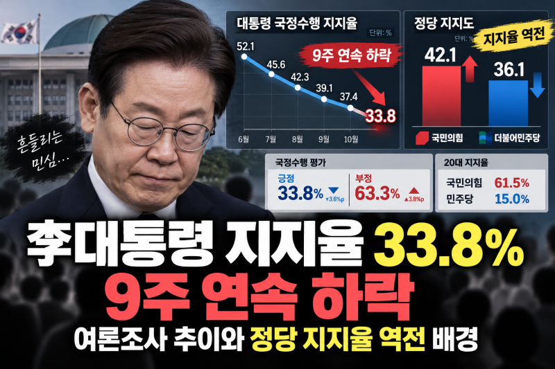 李대통령 지지율 33.8% 9주 연속 하락, 여론조사 추이와 정당 지지율 역전 배경
