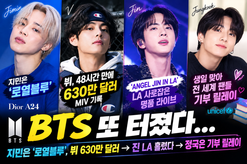 BTS 또 터졌다…지민은 ‘로열블루’, 뷔는 630만 달러, 진은 LA 홀렸다→정국 생일엔 기부 릴....