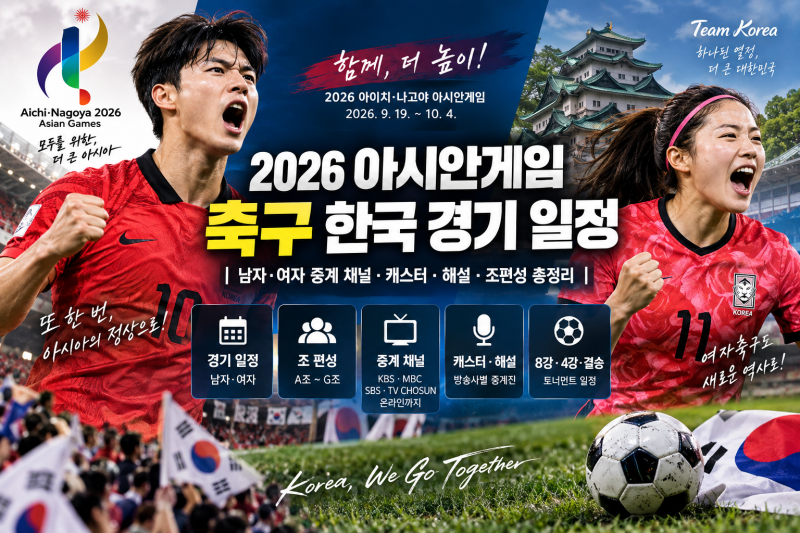 2026 아시안게임 축구 한국 경기 일정｜남녀축구 4강 진출·여자축구 한일전 중계 채널 캐스터....