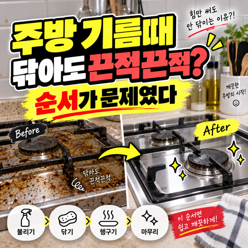 “닦아도 왜 끈적거리지?” 주방 기름때 제거 방법 순서가 문제였어요