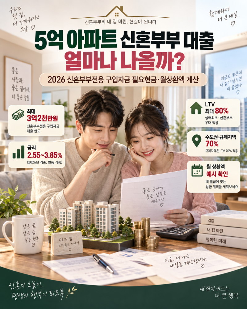 5억 아파트 신혼부부 대출 얼마나 나올까?｜필요 현금·월 상환액 계산 + 엑셀 대출계산기
