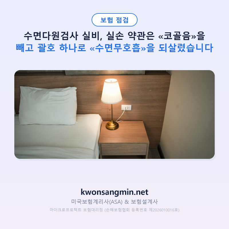 수면다원검사 실비, 실손 약관은 «코골음»을 빼고 괄호 하나로 «수면무호흡»을 되살렸습니....