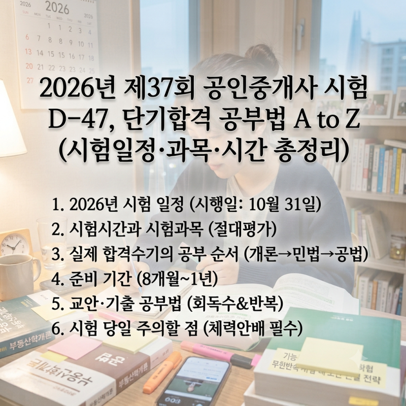 공인중개사 단기합격 공부방법 2026년 제37회 시험 D-47, 합격수기 후기 등 (시험일정·과목·시....
