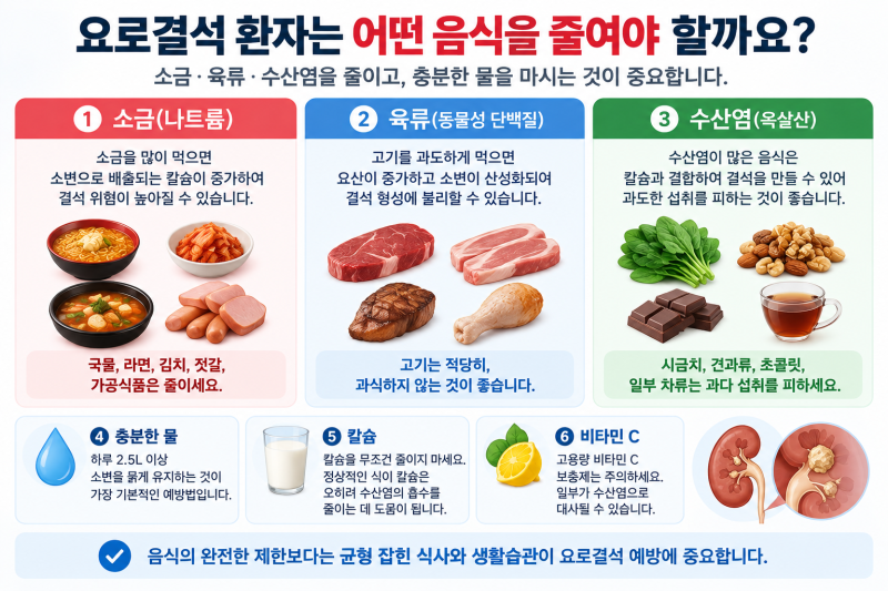 요로결석 환자는 어떤 음식을 줄여야 할까요?｜소금·육류·수산염 이야기