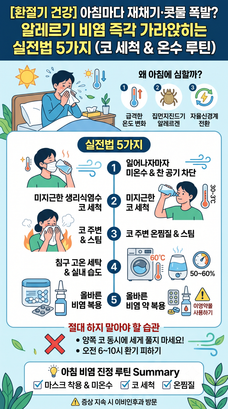 [환절기 건강] 아침마다 재채기·콧물 폭발? 알레르기 비염 즉각 가라앉히는 실전법 5가지 (코....