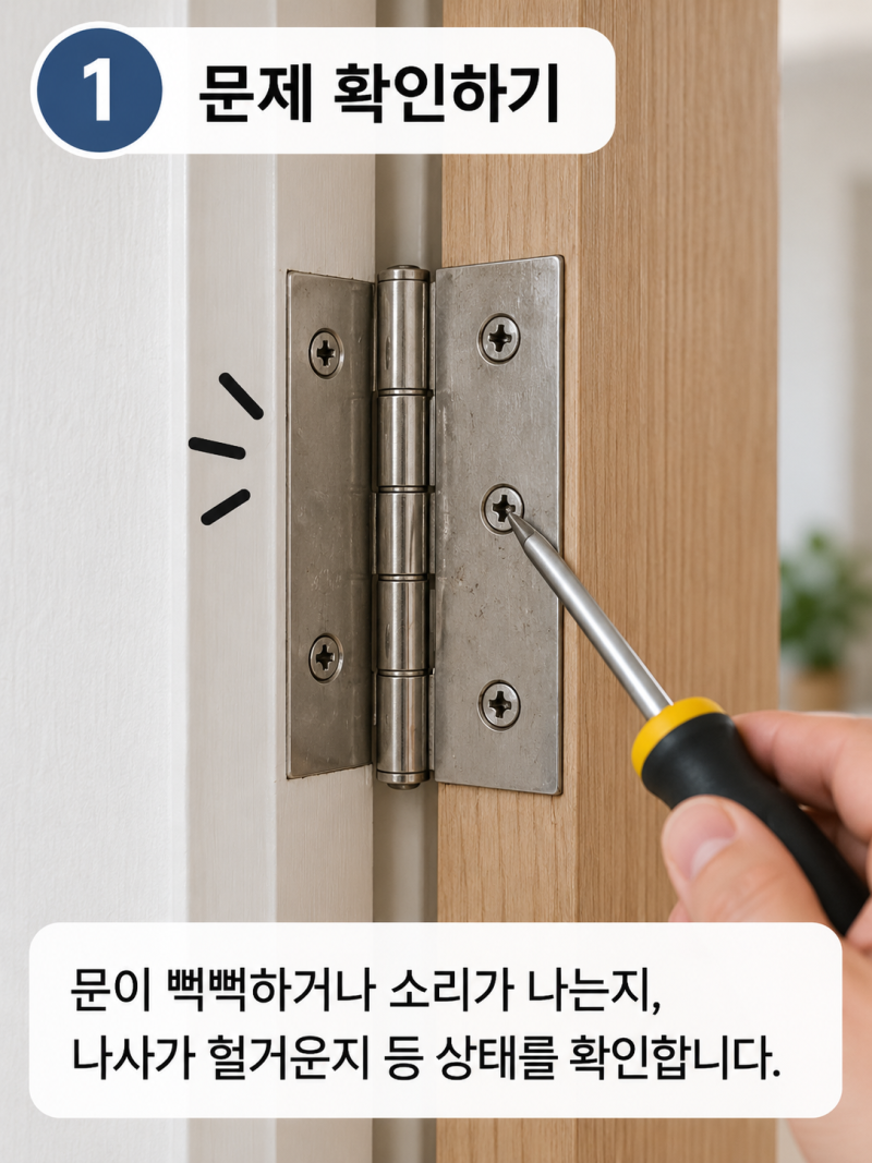 문 경첩 수리 및 교체 방법, 문이 처지거나 삐걱거릴 때 확인하세요.