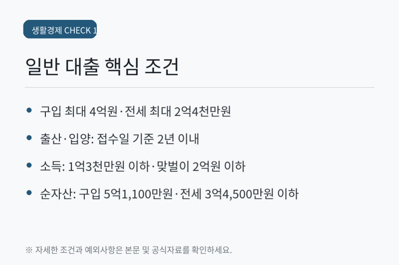 2026 신생아 특례대출 조건: 일반 구입 4억원·전세 2억4천만원, 종전 계약·토지임대부는 예외