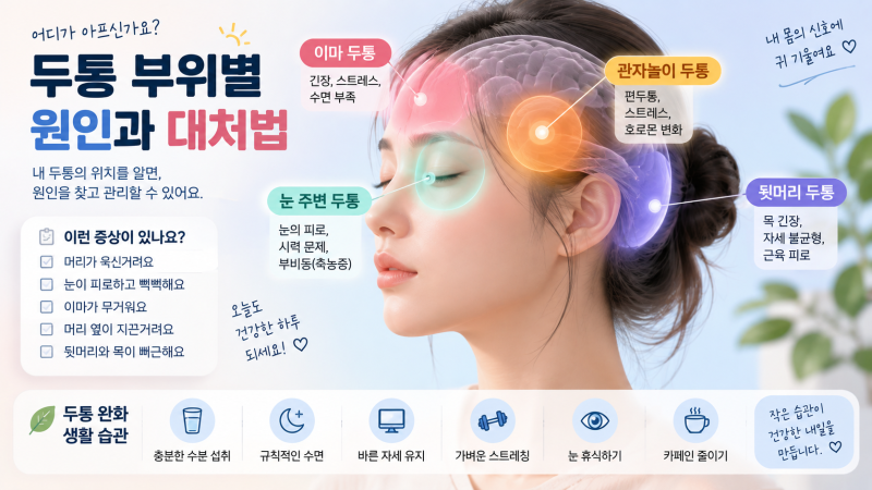 머리 부위별 통증 원인은? 이마·관자놀이·뒤통수·눈 주변 두통 위치별 정리