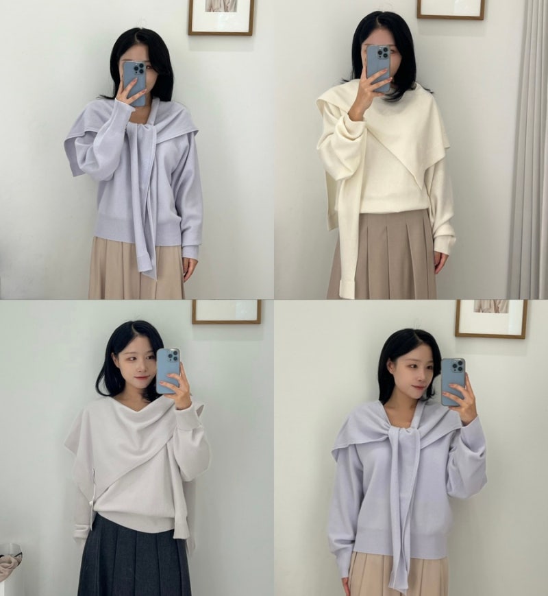 [시에 SIE] 마레 루즈 울 100 브이넥 니트&머플러 전컬러, 네이 플리츠 맥시 스커트 착용 및 구....
