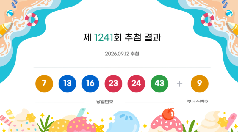 로또 1241회(2026.09.12) 당첨번호 총정리 + 다음회차 예상번호 참고 조합