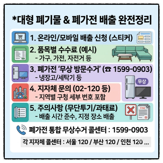 대형 폐기물 수거 신청 방법 총정리 (가구·가전 배출 스티커 가격 & 관공서 전화번호)