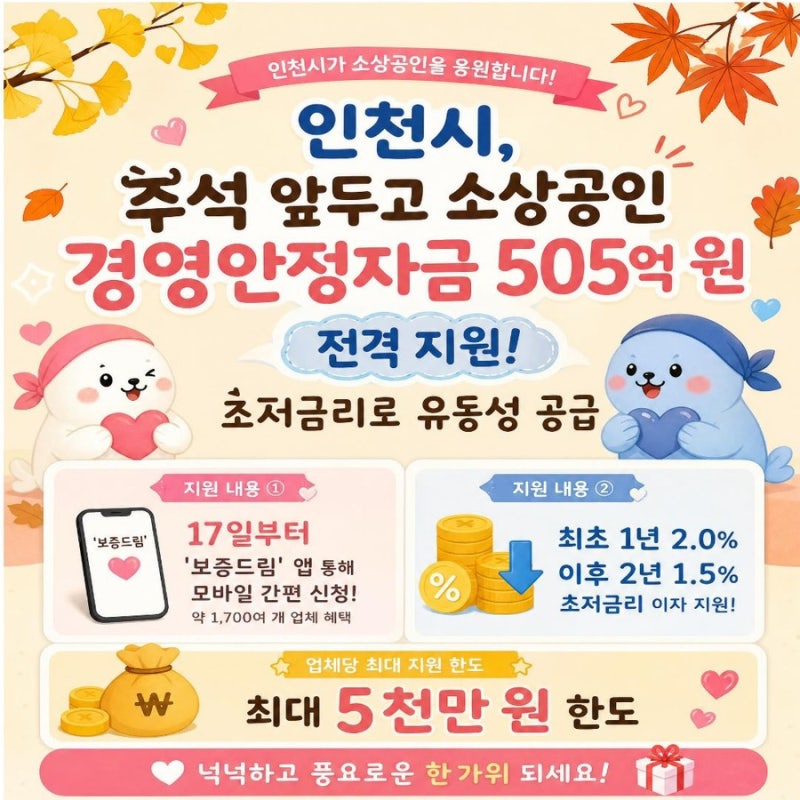 [26년 9월 17일 목 오전 9시부터] 인천시 소상공인 경영안정자금 505억 원 지원 추석 앞두고 505....