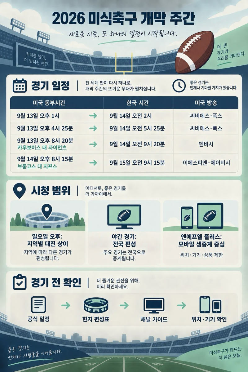 NFL Week 1 9월 13~14일 경기 일정과 시청 방법
