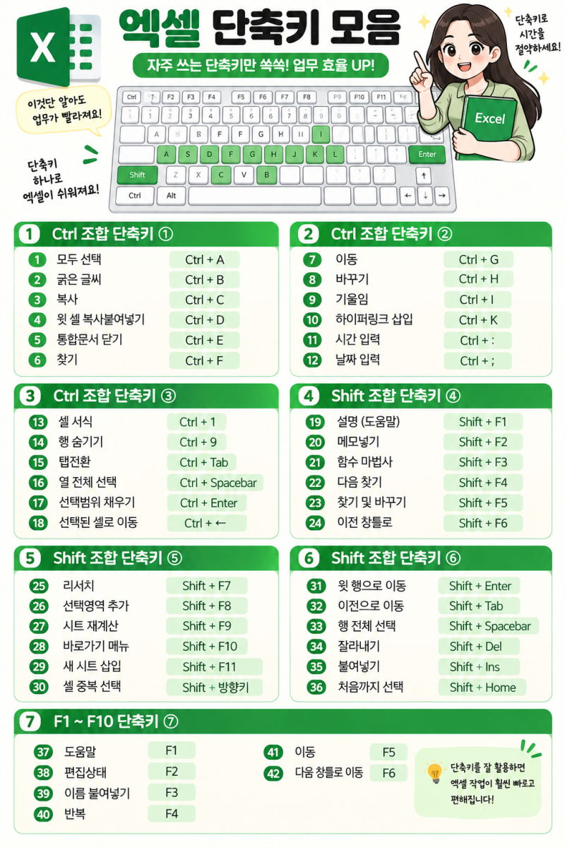 직장인이 활용하기 좋은 엑셀 단축키 모음｜업무 속도 높이는 필수 단축키 42가지