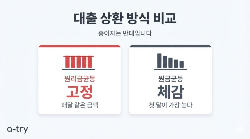 대출이자계산기 원리금균등 원금균등 (이자가 적은 쪽이 매달 더 나갑니다)