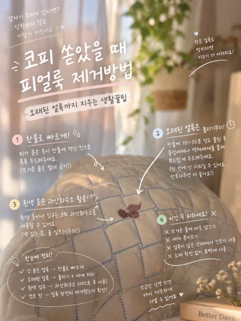 코피 쏟았을 때 피얼룩 제거방법, 오래된 핏자국 지우기