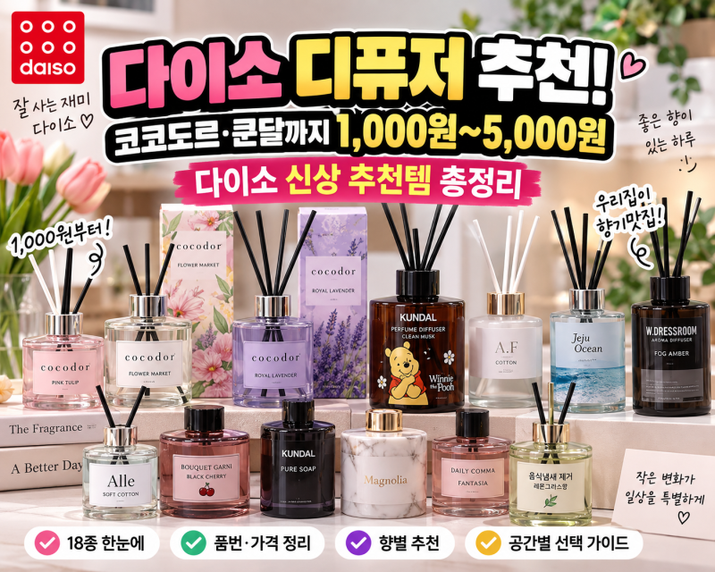 다이소 디퓨저 추천! 코코도르·쿤달까지 1,000원~5,000원 다이소 신상 추천템 총정리(품번정리)