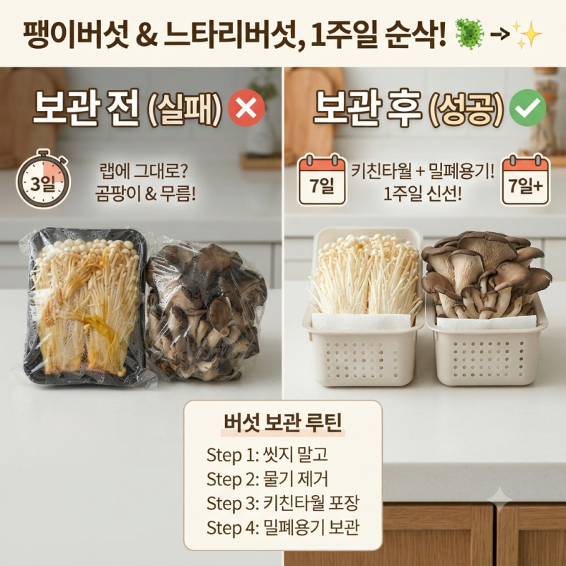 팽이버섯 및 느타리버섯 무름 없이 일주일 동안 싱싱한 보관 루틴