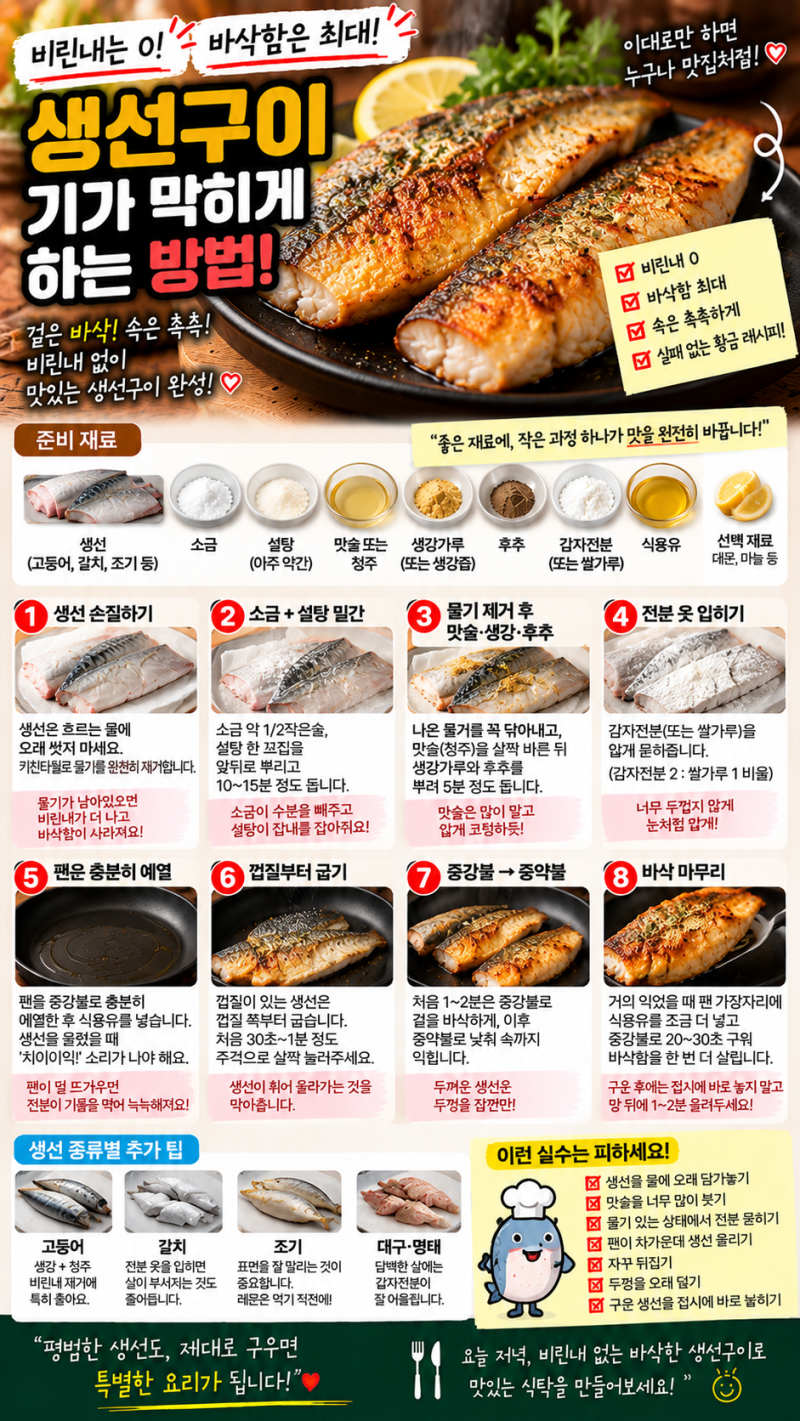 오븐이나 에어프라이기 없이 바삭한 생선 굽는 방법~