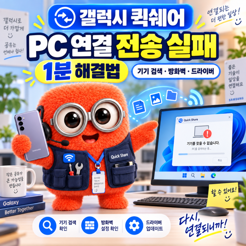 갤럭시 퀵쉐어 PC 연결 전송 실패 1분 해결법: 기기 검색 설정부터 방화벽 해제까지