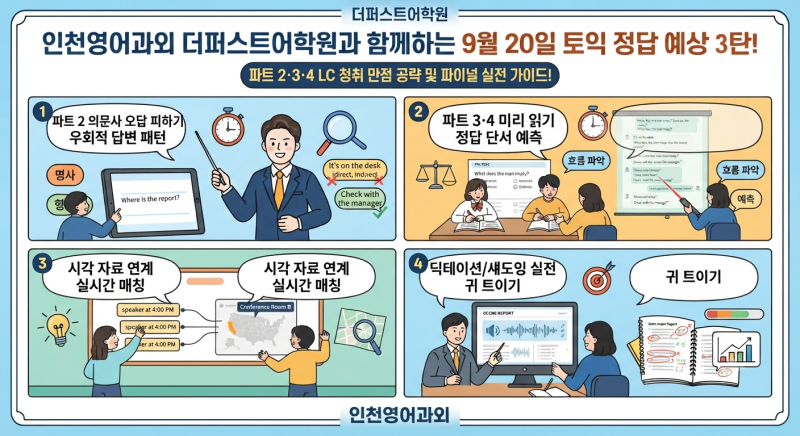 [인천영어과외 더퍼스트어학원] 9월 20일 토익 정답 예상 3탄 (파트 2·3·4 LC 청취 만점 공략 및....