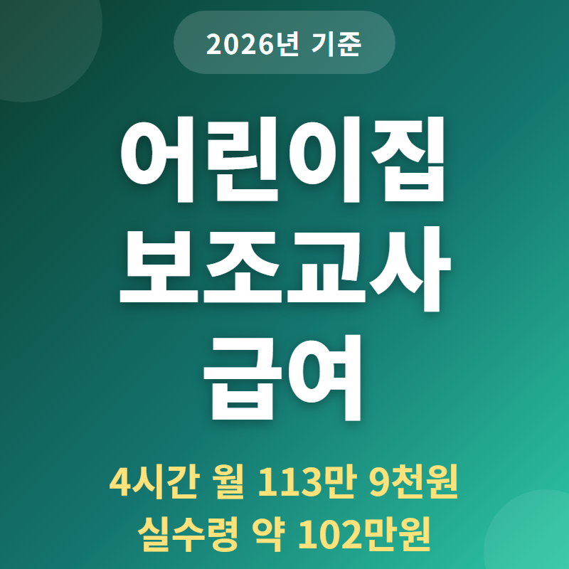어린이집 보조교사 급여 2026 — 보조교사 4시간 월 113만 9천원, 실수령과 연장보육교사 겸임 ....